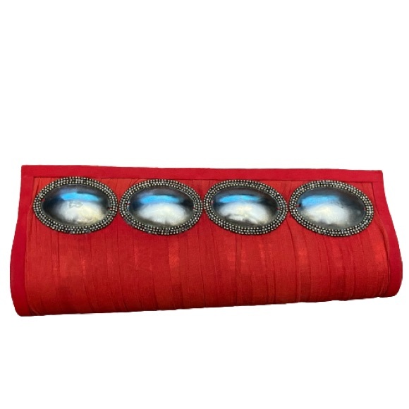 Red Silk Clutch Purse with Oxidized Silver Medallions - Artisan Designed - Picture 1 of 2